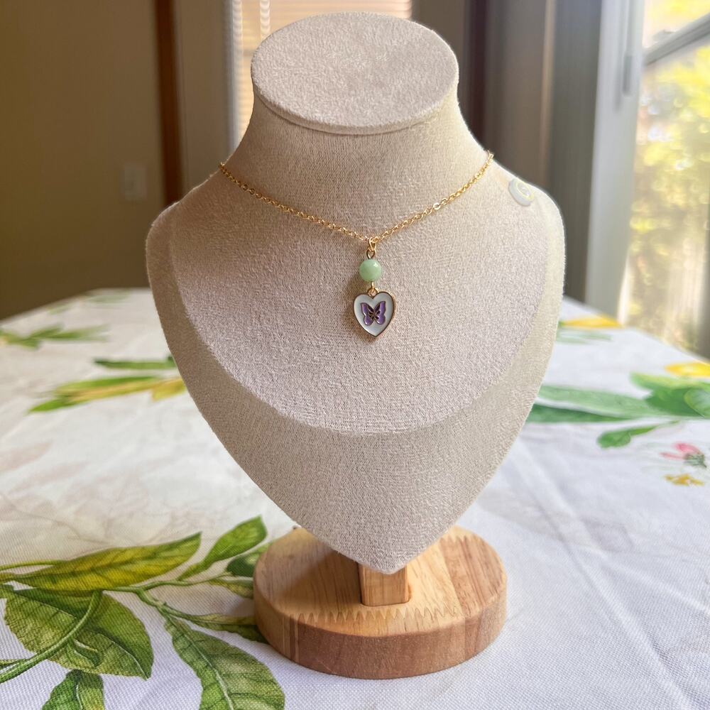 Kawaii Butterfly Heart Necklace, Mint Colored Necklace, Cute Fun Bug Necklace